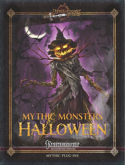 Mythic Monster Mega-Bundle #41-50 PDF cover, featuring a large, Legendary Games compilation book with gold text on a purple background, and a scarecrow with a pumpkin head on the cover, compatible with Pathfinder.