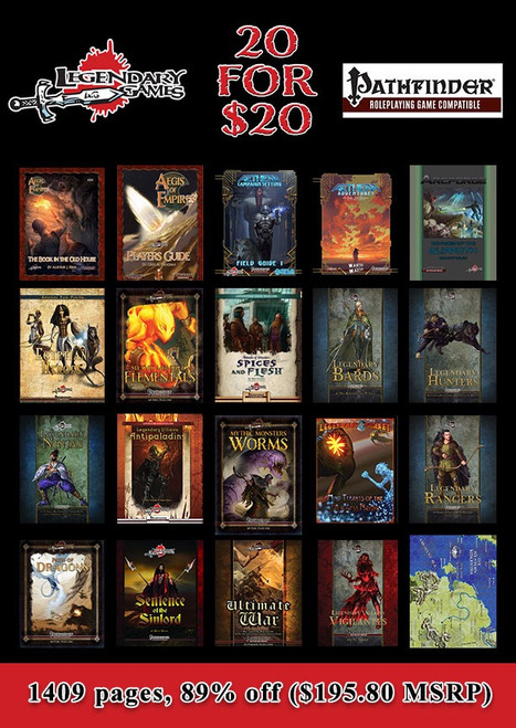 Path-Five-der RPG MEGA-BUNDLE PDF features 20 PDF game collections from Legendary Games, offering over 1409 pages of Pathfinder adventures, magic items, character classes, and rules on a black background with red highlights.