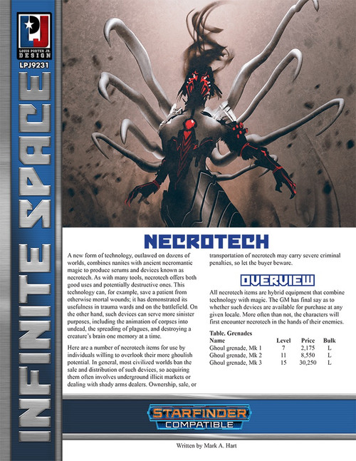 Infinite Space: Necrotech SFRPG PDF, a dark fantasy science fiction role-playing game PDF featuring 24-page PDF with dark fantasy artwork of necrotech, a sci-fi technology combining nanites with necromantic magic.