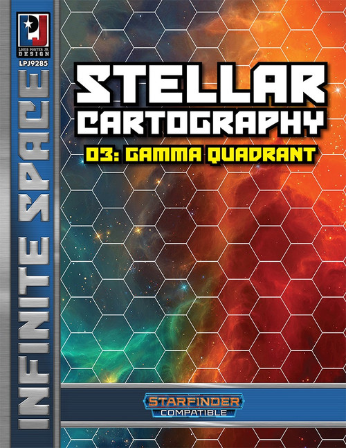 Infinite Space Stellar Cartography 03 - Gamma Quadrant PDF, a Starfinder compatible digital product featuring a vibrant hexagonal grid map, perfect for space exploration and tabletop gaming, designed for exciting outer space adventures.