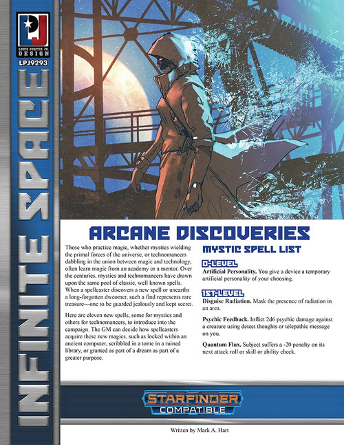 Infinite Space: Arcane Discoveries SFRPG PDF, featuring a futuristic character in brown attire on blue-tinted industrial background, showcasing eleven new spells for mystics and technomancers in a 2-page PDF publication.