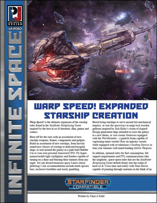 Starfinder Roleplaying Game supplement, Infinite Space: Warp Speed! Expanded Starship Creation PDF, featuring futuristic red engine spaceship design, sci-fi elements, with custom starship building capabilities and varied starship frames in various sizes and sci-fi color schemes.