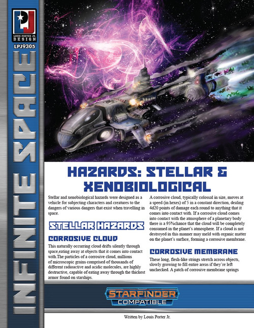 Infinite Space: Hazards, a Starfinder compatible PDF, featuring a comprehensive guide to stellar & xenobiological hazards, including cosmic clouds, space waves, and gravitational fog in a vibrant, purple-toned universe with starships navigation.