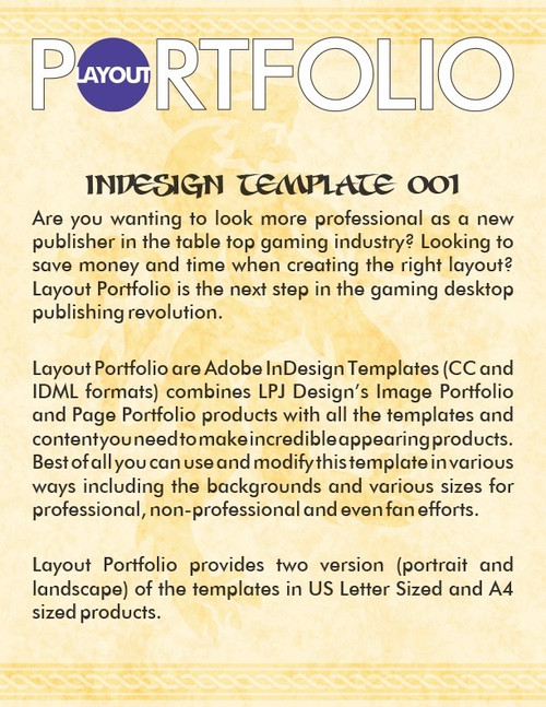 Adobe InDesign Template Layout Portfolio InDesign Template 001 PDF download, professional tabletop gaming layout, US Letter and A4 sizes, customizable fonts and backgrounds available for CC and IDML format use in desktop publishing.