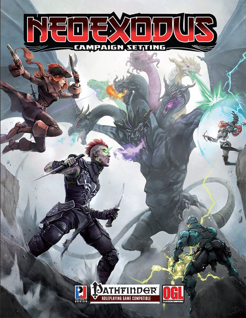NeoExodus Campaign Setting PDF cover for Pathfinder RPG, featuring heroic characters and fantasy world elements, including world map, logo, and character art, with a fantasy world theme and a 16-page content.