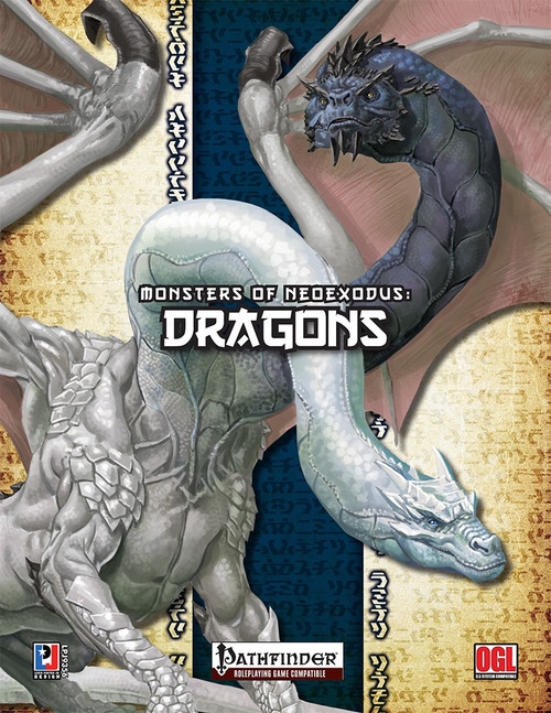 Product cover for Monsters of NeoExodus: Dragons PFRPG PDF, featuring two fantasy dragons on a parchment background with Pathfinder and DGI logos, a  PDF product with roleplaying game content.