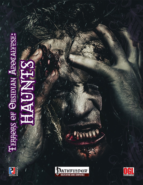 Terrors of Obsidian Apocalypse: Haunts PDF cover features a decaying zombie-like creature with purple accents on a dark background for Pathfinder RPG, showcasing horror elements and supernatural themes in Obsidian Apocalypse fantasy games.