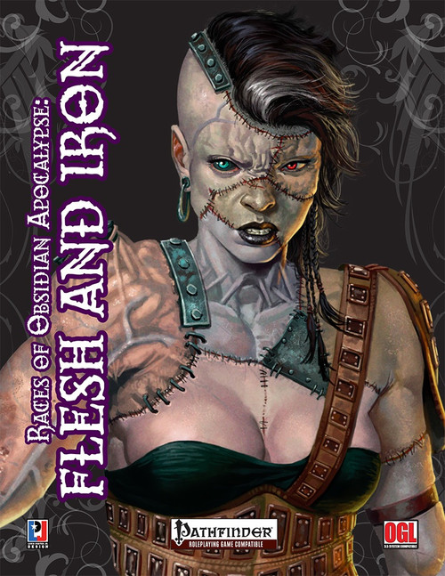Races of Obsidian Apocalypse: Flesh and Iron PDF cover featuring a cybernetic cyberpunk female, with a dark background, wearing a leather top, metallic harness, and stitches on her face.