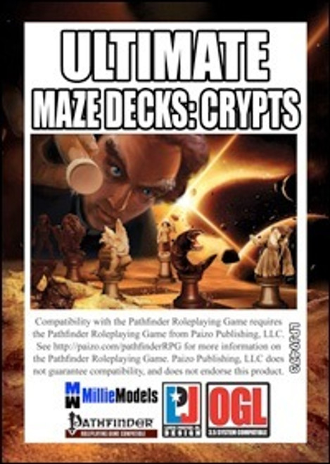 Ultimate Maze Decks: Crypts PDF (47-card labyrinth deck) designed by Mentats of Gaming and Louis Porter Jr. Design for Pathfinder Roleplaying Game, featuring crypt locations and challenges with fantasy art.