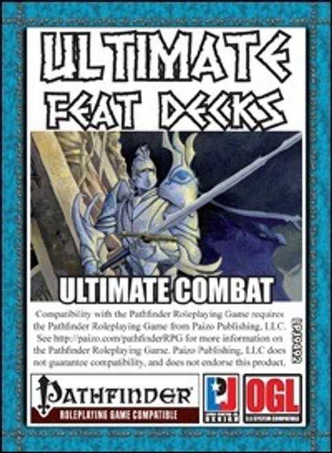 Ultimate Feat Decks: Ultimate Combat PDF cover, featuring a knight in gold armor with a blue cape on teal background, displaying Pathfinder and OGL logos, 1-inch printable cards, for easy feat management in Pathfinder Roleplaying Game.