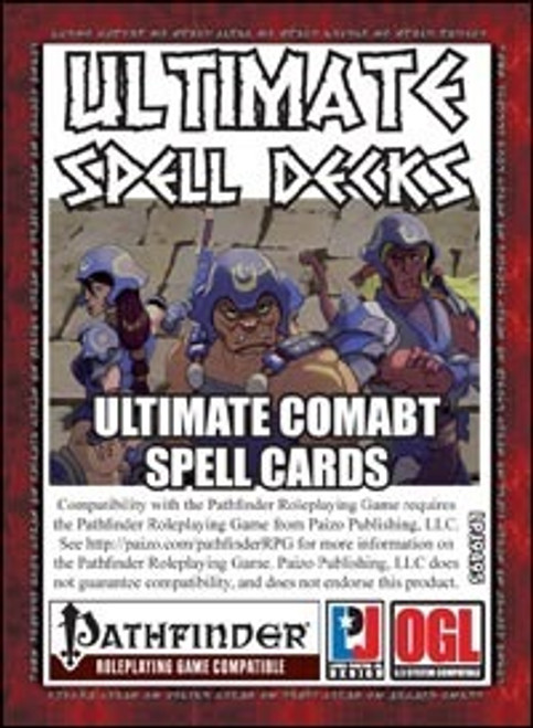 Pathfinder Roleplaying Game PDF cover, featuring medieval warriors in armor, Ultimate Combat Spell Cards by [Brand Name], a printable resource for players and GMs, with OGL and Pathfinder logos, a compact 8.5x11 inch format.