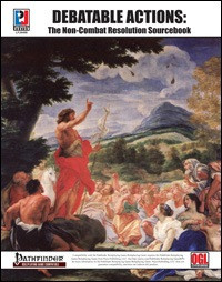 Debatable Actions (PFRPG) PDF cover art features a man in a red loincloth stood on a hill amidst a crowd, with a 23-page Pathfinder non-combat resolution sourcebook and 36-card deck in the background.