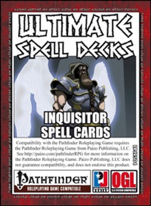Ultimate Spell Decks: Inquisitor Spell Cards for PFRPG PDF, featuring an inquisitor in armor on a red border with white background, Paizo Publishing compatible, printable cards for easy spell management.