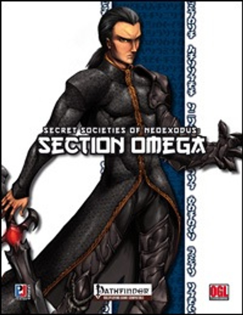 Secret Societies of NeoExodus: Section Omega (PFRPG) PDF cover art featuring a man in a long black and gold coat with distinctive hairstyle, standing against a white and blue futuristic background.