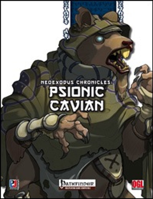 NeoExodus Chronicles Psionic Cavain PDF cover features a humanoid rodent in armor, displaying psionic abilities, against a white background with Fathfinder and OGL logos, a creature of myth brought to life in a fantasy setting.