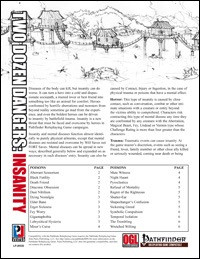 Two Dozen Dangers: Insanity (PFRPG) PDF, a Pathfinder Roleplaying Game resource featuring dark fantasy artwork of a village amidst mountains, highlighting fantasy threats, and listing mental afflictions to affect game characters.