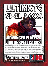 Pathfinder Roleplaying Game spell cards PDF, Ultimate Spell Decks Advanced Player's Guide, printable, blue and red colored 8.5x11 inch pages, suitable for players and GMs of PFRPG.
