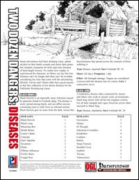 Pathfinder Roleplaying Game disease management book, Two Dozen Dangers: Diseases PFRPG PDF, featuring a rustic bridge illustration, OGL and Pathfinder logos, and table of contents, written by Chris Field.