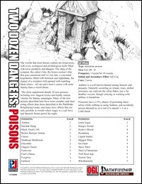 Two Dozen Dangers: Poisons (PFRPG) PDF, a fantasy supplement by Green Ronin Publishing, featuring 24 new poisons with detailed illustrations, in a 4-page black and white PDF format.