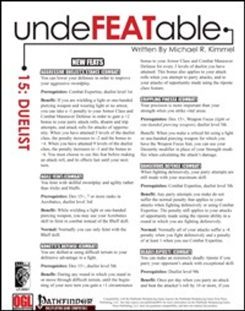 Pathfinder Roleplaying Game PDF supplement Undefeatable 15: Duelist, featuring 30 feats, 6 pages, on a white background with green and black text.