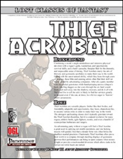 Grey illustration of a masked Thief Acrobat from Lost Classes of Fantasy PRPG PDF cover, showcasing a blend of thievery and gymnastics skills, with OGL and Pathfinder logos on a white background, for digital download.