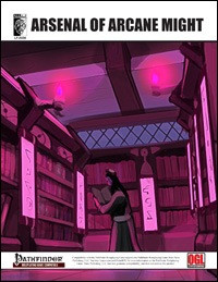 Arsenal of Arcane Might PDF cover featuring an illustrated sorceress in a dark library surrounded by books, mystical symbols, and vibrant purple lighting, promoting Pathfinder Roleplaying Game magical tome, approximately 8.5 x 11 inches.