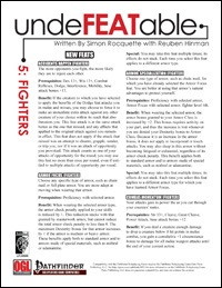 Pathfinder Roleplaying Game supplement PDF, "Undefeatable 5: Fighters" by Simon Rocquette and Reuben Hinman, a 5-page black and dark red text on white background featuring over 20 new feats for fighters.