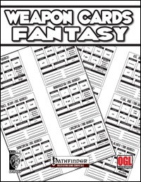 Pathfinder Weapon Cards Fantasy PDF, featuring printable weapon statistics sheets with black text on white background, showcasing Pathfinder and OGL logos, for easy fantasy RPG gameplay reference, including damage charts and weapon details.