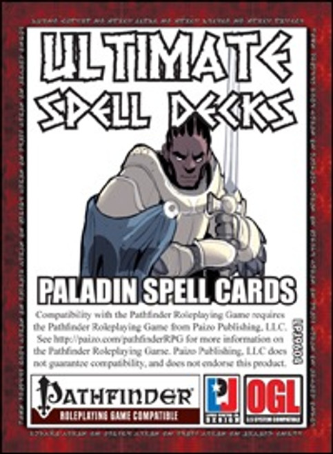 Paladin Spell Cards from Ultimate Spell Decks, a printable PDF for Pathfinder Roleplaying Game, features red backdrop with white and black text, perfect for easy spellbook management, ideal for players and GMs alike, 8.5 x 11 inches.