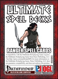 Pathfinder Roleplaying Game accessories, Ultimate Spell Decks: Ranger Spell Cards PDF cover, red background, ranger with sword and dagger, OGL logo, Pathfinder logo, 8.5 x 11 inches, printable.