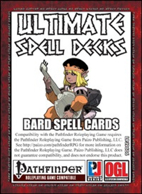 Ultimate Spell Decks: Bard Spell Cards (Pathfinder PRGP) PDF cover featuring a fantasy woman with a sword and gun on a white background with red border, Pathfinder logo, and 36-page PDF download for spell management.