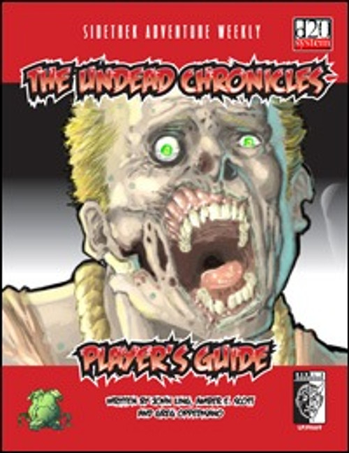 Sidetrek Adventure Weekly 2: The Undead Chronicles Player’s Guide PDF cover featuring a zombie with green eyes, blonde hair and torn skin, gray background, red and black text highlighting the fantasy horror role-playing game guide.