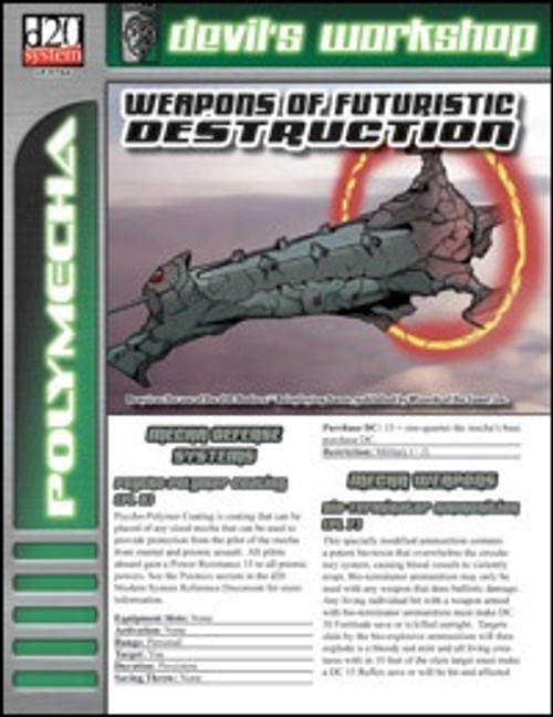 Futuristic starship and mecha add-ons PDF cover, Weapons of Futuristic Destruction, featuring sci-fi graphics and a purple sky, showcasing d20 Modern enhancements for science fiction games with personalized starships and mecha customization options.