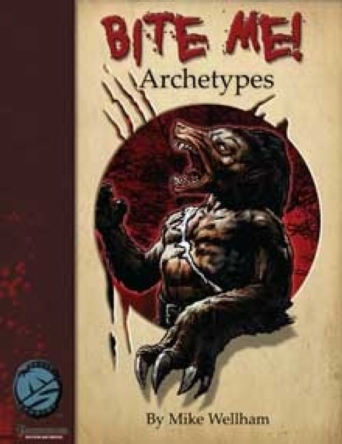 Bite Me! Archetypes PDF cover, a beige and dark red design featuring a muscular man transforming into a wolf-like creature with sharp teeth, 5x8 inches, no brand logo, by Mike Wellham.