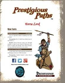 Prestigious Paths Horse Lord Pathfinder RPG PDF, a 24-page guide featuring a horseback rider illustration in blue and brown attire, with sword and mounting combat information, prestige class, feats and traits included.
