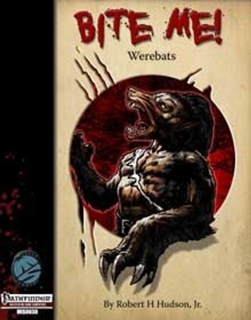 PDF cover featuring the Bite Me! Werebats supplement by Deep Empathy Games, a 19-page racial guide for werebats, with a red moon and beige background, for lycanthrope shapechanging rules in fantasy games.