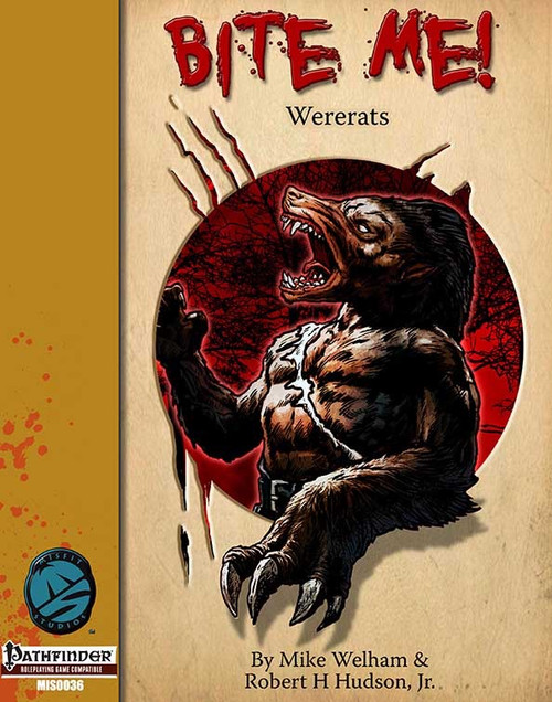 A muscular humanoid rat creature with sharp claws and teeth stands out on a beige background with red accents, illustrating the wererat race from the Bite Me! Wererats PDF, a Pathfinder supplement by Mike Welham and Robert H Hudson Jr.