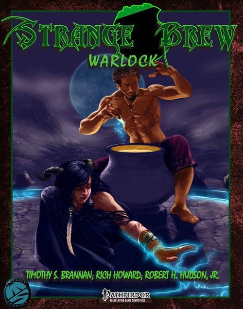 Strange Brew: Warlock PDF cover featuring a shirtless male stirring a cauldron under blue magical conjurings by a woman, on a dark, moonlit background with green and black Pathfinder RPG text.