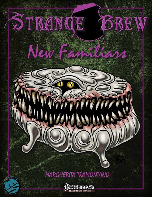 Strange Brew New Familiars PDF cover featuring a pink & grey mimic on dark green, showcasing Pathfinder Roleplaying Game familiars like Flowering Mini-Cactus, Symbiotic Bolete, and more unique spellcaster companions.
