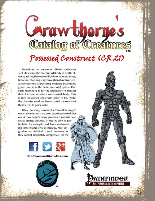 Crawthorne's Catalog of Creatures: Possessed Construct PDF, a Pathfinder RPG companion featuring a Possessed Construct, game stats, and adventure ideas, designed by Lord Crawthorne, for use in RPG games with a Pathfinder setting.