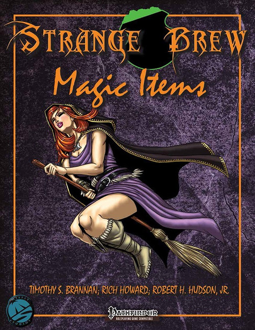 Strange Brew: Magic Items PDF cover featuring a red-haired witch in purple dress and black cape, riding a broom on purple background with orange accents by Timothy S. Brannan.