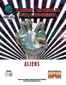 Super-Powered by M&M Aliens PDF, featuring a clenched fist holding a red Earth, with a bold title and M&M logo, for a global conquest story campaign guide with scenario details for Gamemasters in a  PDF format.