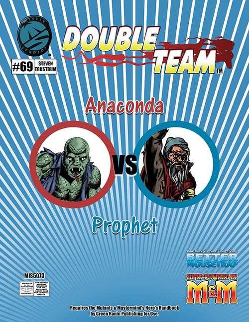 Double Team: Anaconda VS Prophet (Mutants & Masterminds) PDF, characters Anaconda and Prophet on blue background with white stripes, Mutants & Masterminds game characters in digital format, 8.5 x 11 inches.