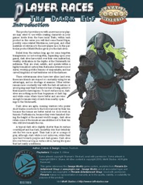 Dark Elf PDF by Misfit Studios, a 5.5x8.5 inch digital guide featuring dark elf characters with green hair and dark armor, for character creation in tabletop role-playing games and fantasy settings.