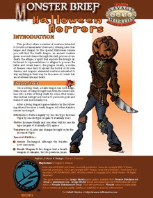 Monster Brief Halloween Horrors PDF featuring creatures like death dragon and plague wraith, with a collection of GM resources for a horror-themed gaming experience, a dark, orange-toned document background.