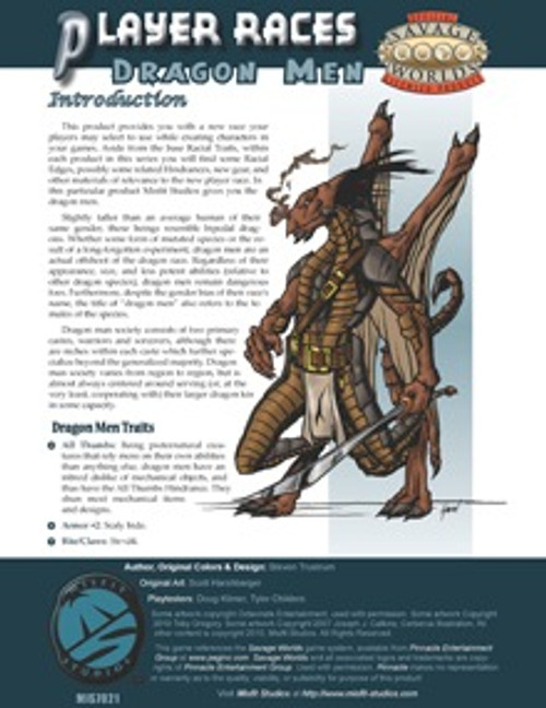 Misfit Studios Player Races: Dragon Men PDF, featuring a brown dragon-like humanoid with horns, wings, and armor, and showcasing racial traits, edges, and gear for character creation in games, on a white and dark green background.