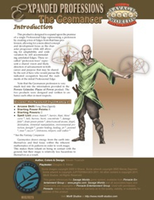 Geomancer profession tree PDF featuring an illustration of a bald man in a green robe, showcasing the Arcane Background of Geomancy on a dark brown background with white text.