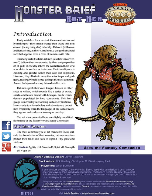 Savage Worlds Monster Brief: Rat Men PDF featuring a rat man warrior with brown skin, showcasing attributes for fantasy role-playing games, including 4 unique rat man builds: warrior, arcaneer, flayer, and feral.