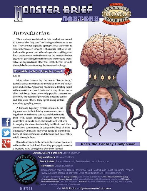 Monster Brief: Masters (PFRPG) PDF cover featuring a brain-squid hybrid, levitating Horde Lord, evil soul-returned worms, and the Mother of Monsters, Savage Worlds game assets, 1 PDF document, by Bannekian's.