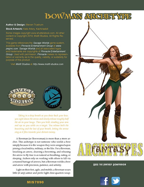 Golden-armor clad elf Bowman character for Savage Worlds RPG, holding a bow and arrow, with brown hair and boots, illustrated from Fantasy Archetypes: Bowman PDF, a compatible product of Fantasy Companion.